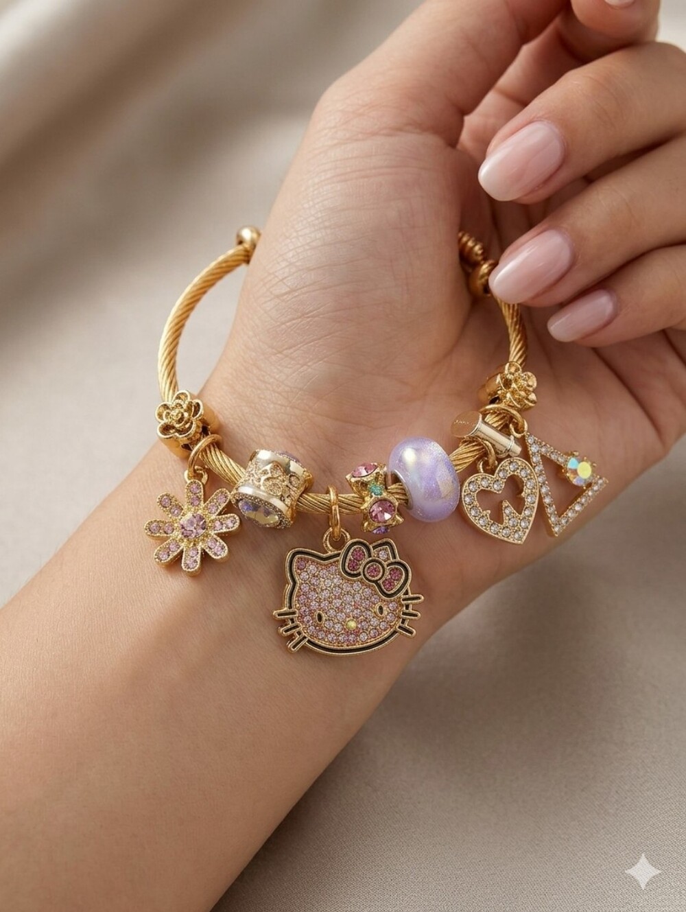 Hello Kitty Gold Charm Bracelet Sanrio Pink Rhinestone Crystal Heart Jewelry - Picture 3 of 8